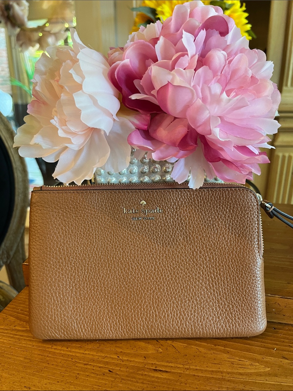kate spade Pebbled Leather Wristlet in Warm Tan